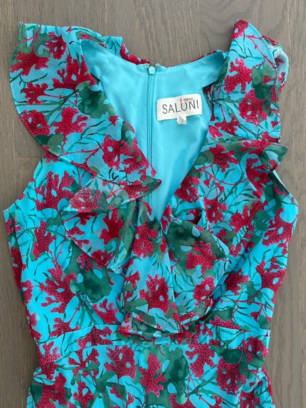SALONI Rita Silk Maxi Dress Teal Blue Aquarium Floral Ruffle Sleeveless - US 2 - Picture 4 of 12